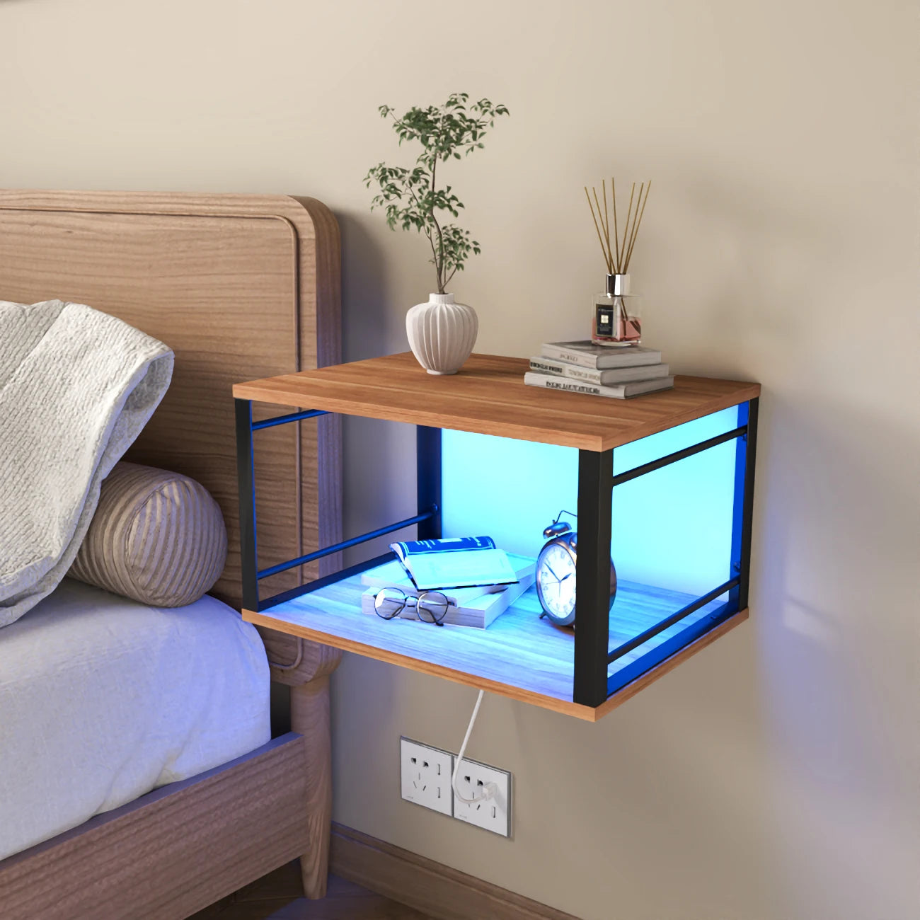 Table Murale Flottante Bois & Métal – Double Niveau avec Éclairage LED RGB | KOAÏ