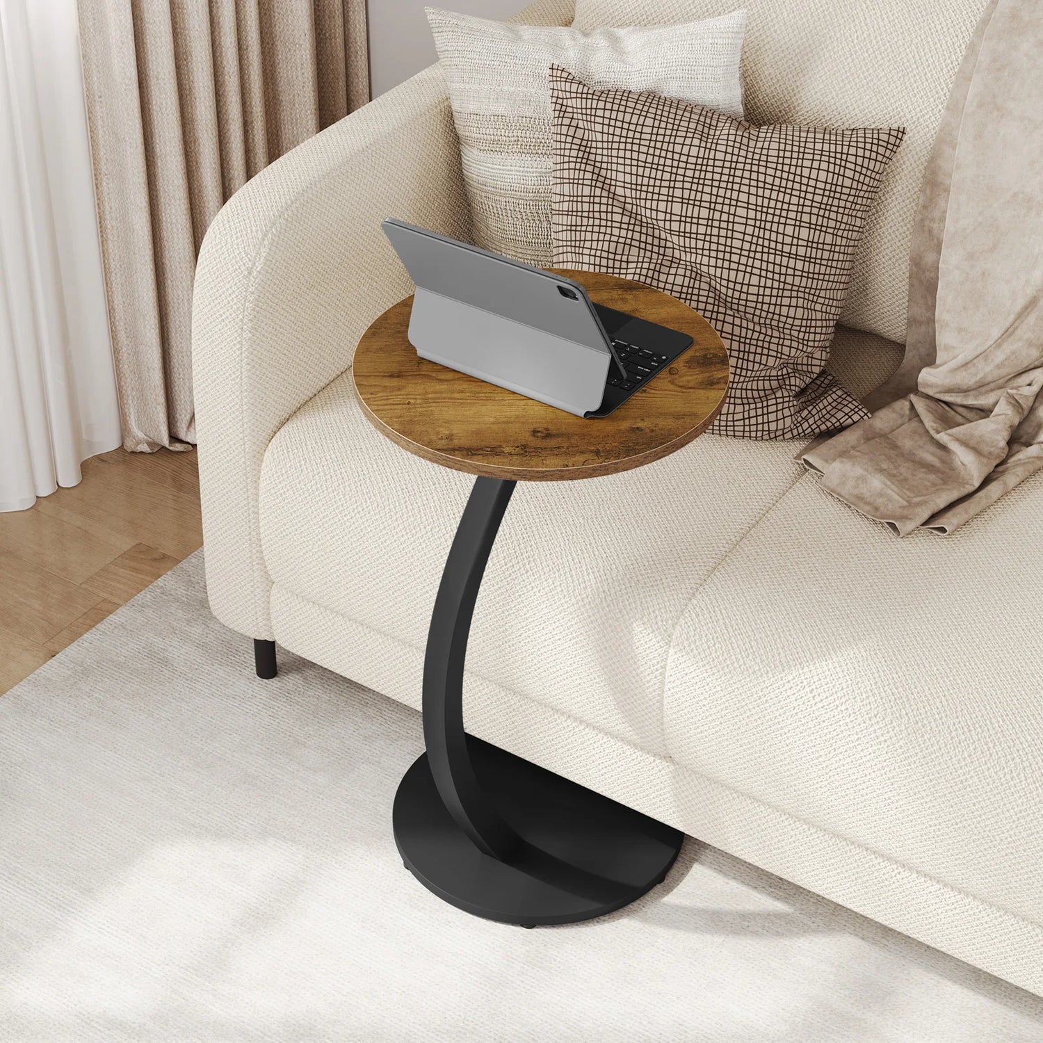 Table D'Appoint Ronde En Bois Et Métal Courbé – Design En Forme De C | KOAÏ