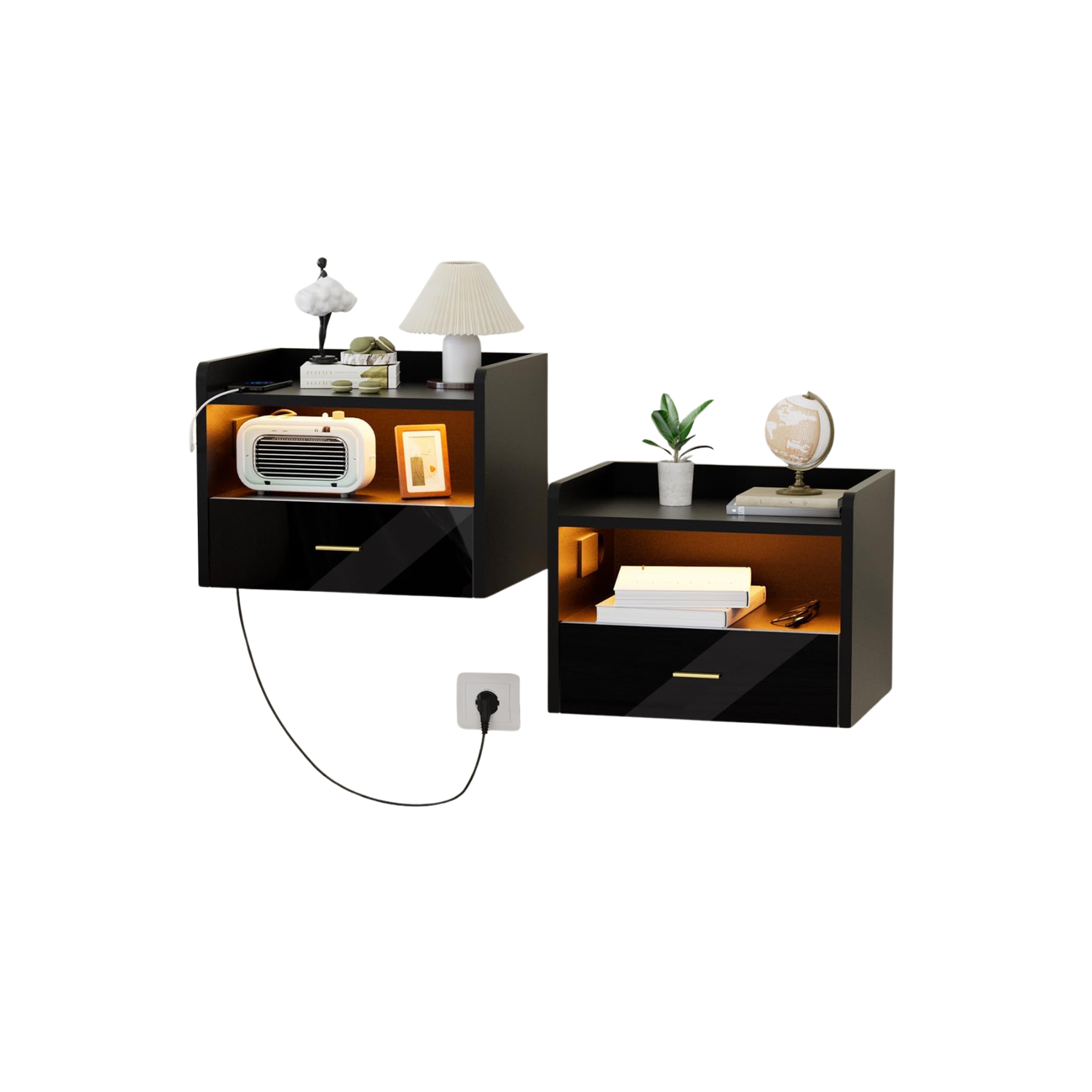 Table de Chevet Murale Noire avec LED & Ports USB – Élégance Contemporaine et Rangement Intelligent | KOAÏ