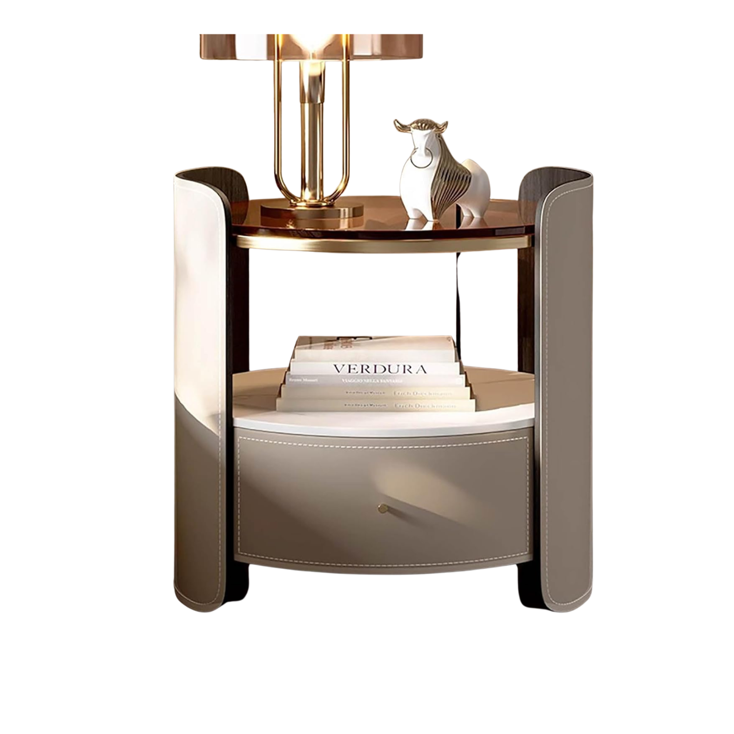 Table D’Appoint Ronde En Verre Et Cuir Nappa – Design Nordique Haut De Gamme Avec Tiroir Intégré | KOAÏ