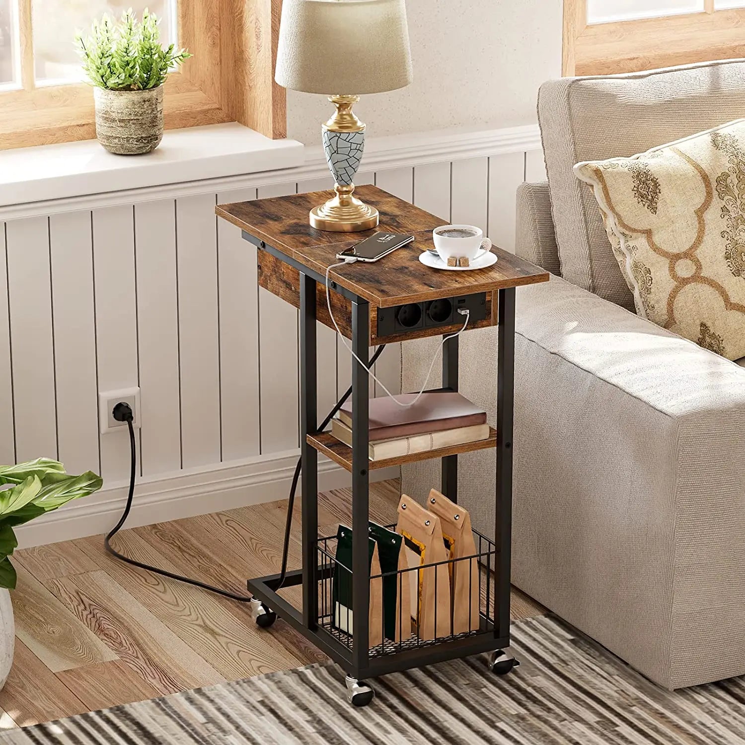 Table d’Appoint en Bois & Métal avec Station de Charge USB | KOAÏ