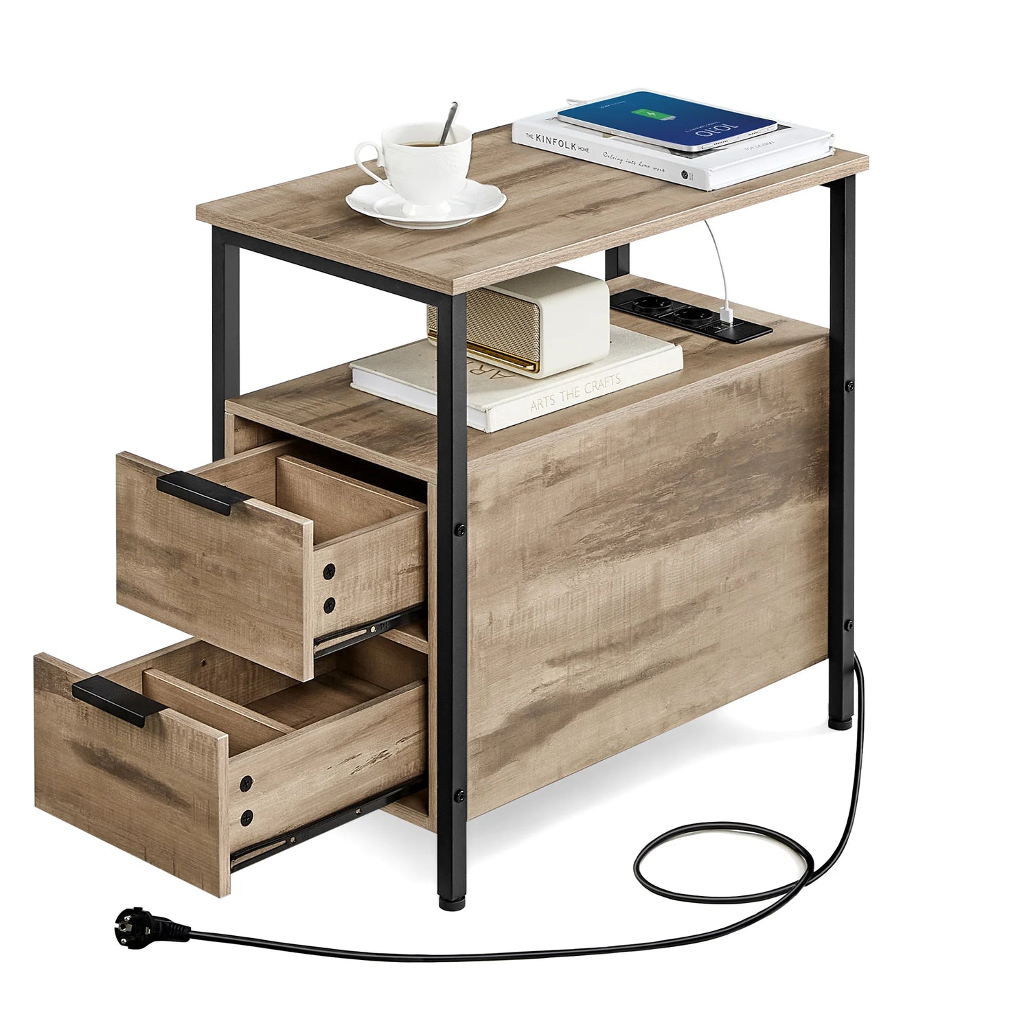 Table D’Appoint Rustique Avec Multiprise Intégrée Et Rangements | KOAÏ