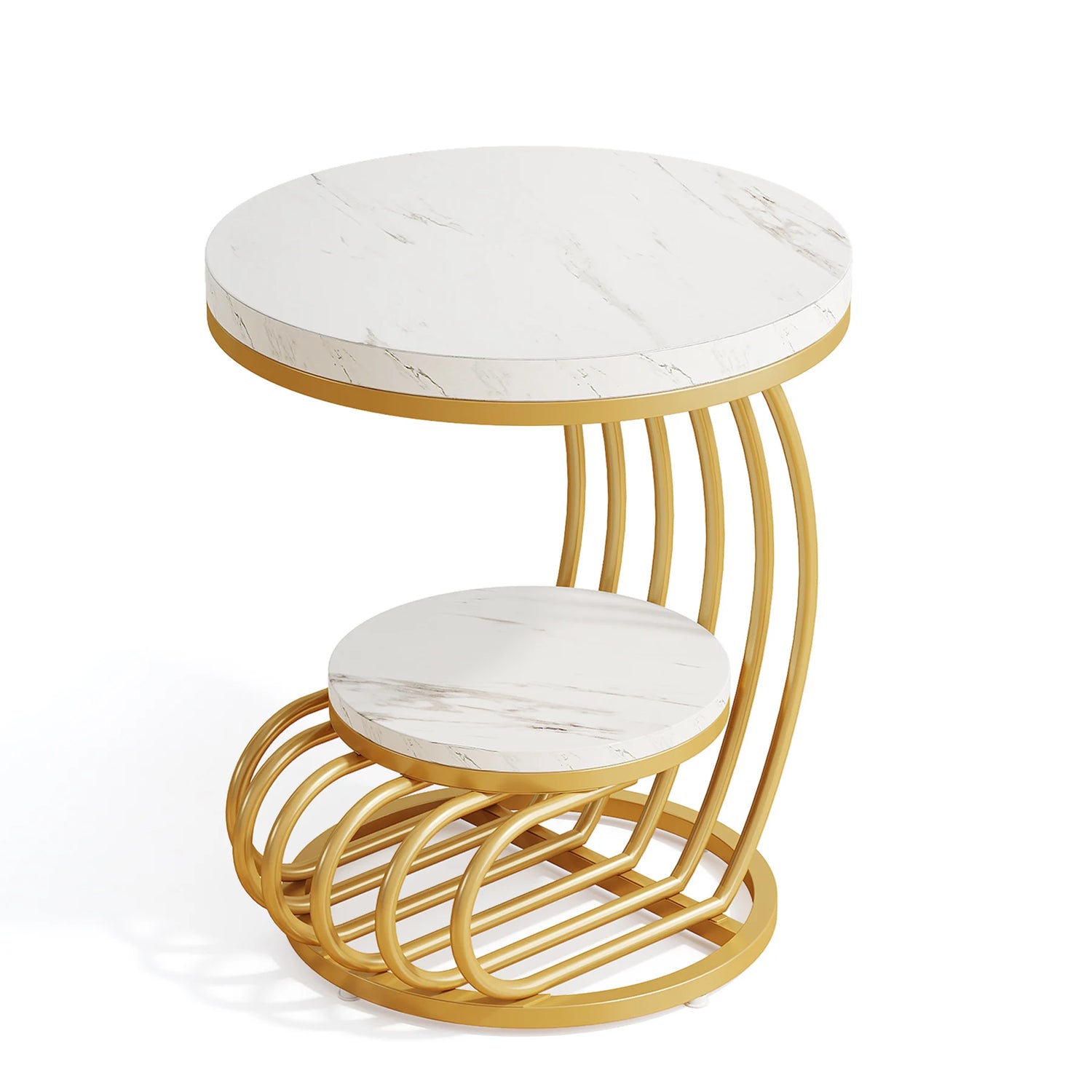 Table D’Appoint Ronde En Marbre Blanc Et Métal Doré – Design Courbé À Deux Niveaux | KOAÏ