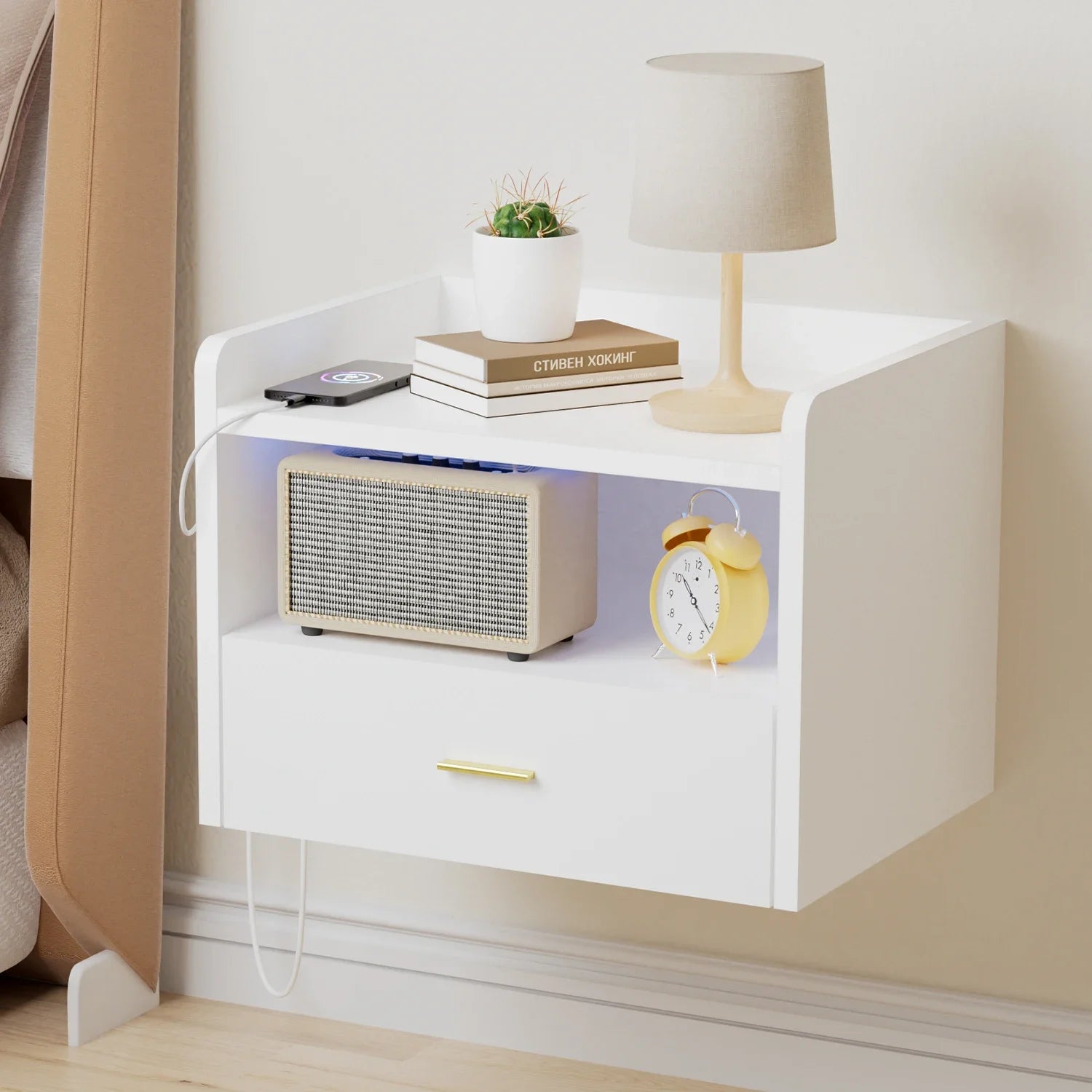 Table de Chevet Murale Blanche avec LED & Ports USB – Design Moderne et Fonctionnel | KOAÏ