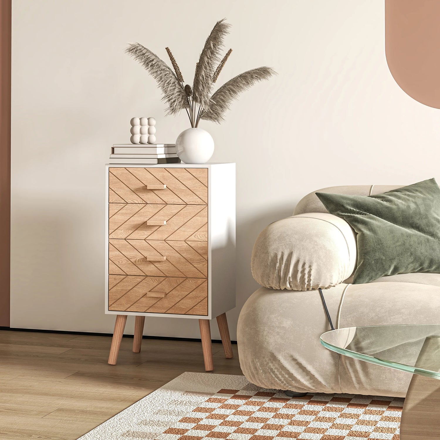 Table De Chevet Étroite – 4 Tiroirs Motif Chevron, Bois Massif | KOAÏ