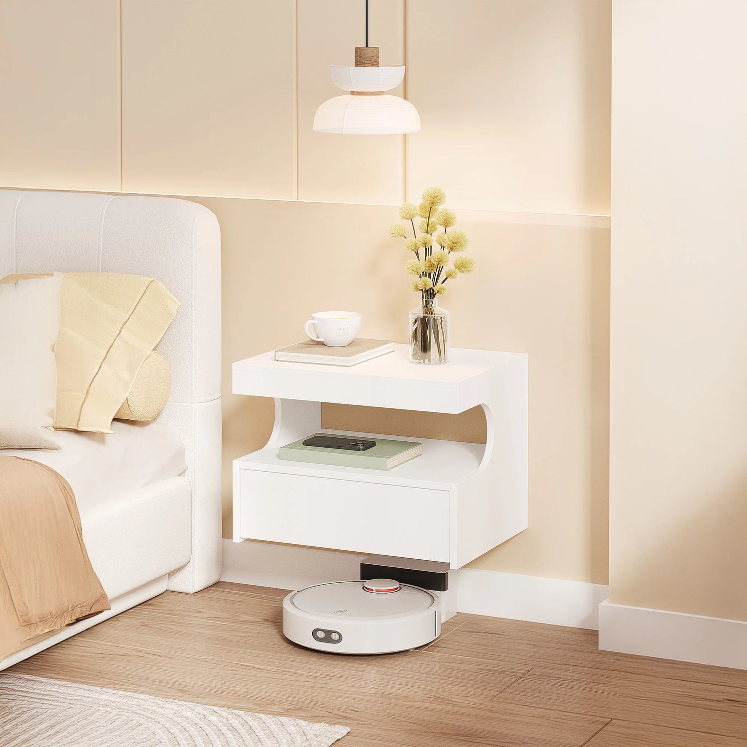 Table de chevet Murale – Blanc Mat, Design Minimaliste & Espace Ouvert | KOAÏ