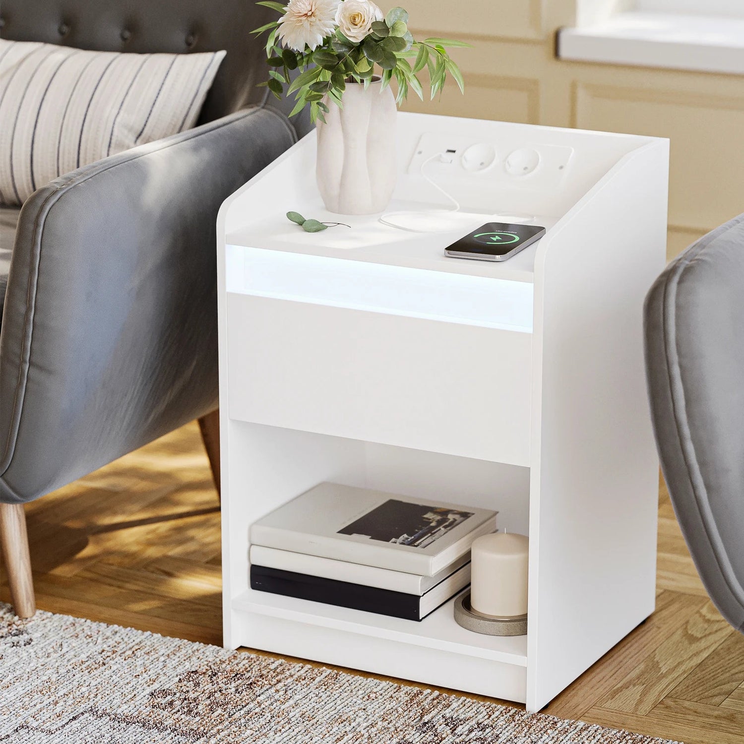 Table d'Appoint Connectée – 1 Tiroir, Lumière LED Blanche | KOAÏ