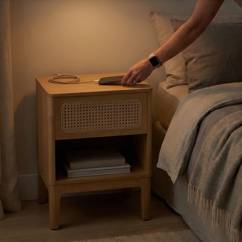 Table De Chevet Rotin Bohème – 1 Tiroir, Bois Clair Et Niche | KOAÏ