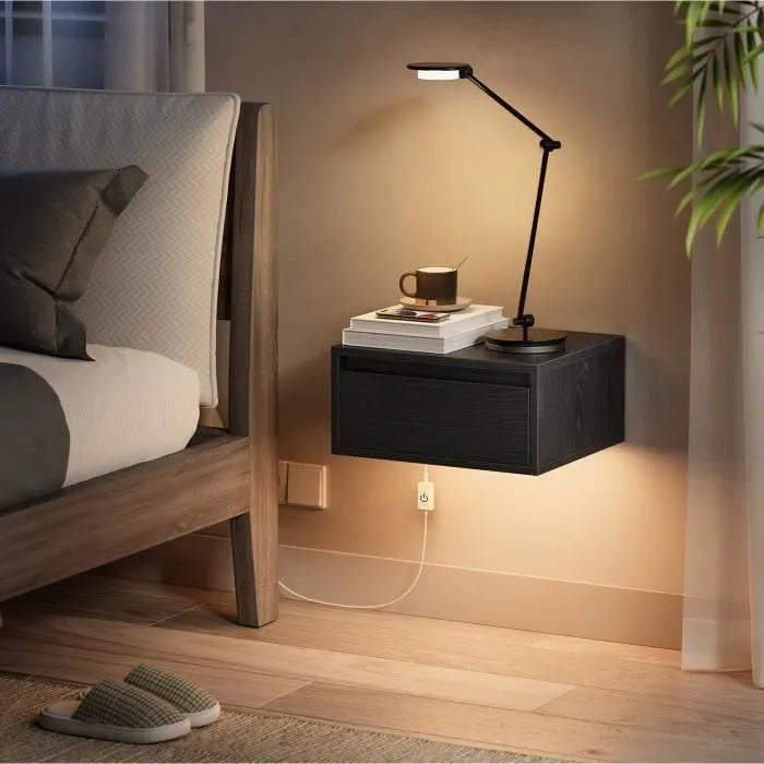 Table de Chevet Murale Noire avec Éclairage LED – Élégance Moderne & Tiroir Intégré | KOAÏ