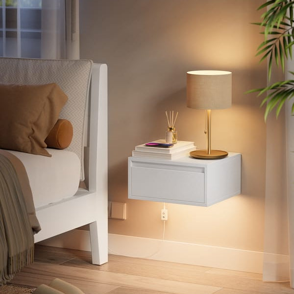 Table de Chevet Murale Blanche avec Éclairage LED – Design Minimaliste & Tiroir Intégré | KOAÏ